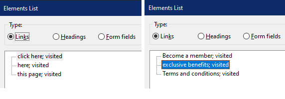 2 NVDA elements panel show a list of links, one panel demonstrates poor links such as 'click here' the other shows links with clear labels